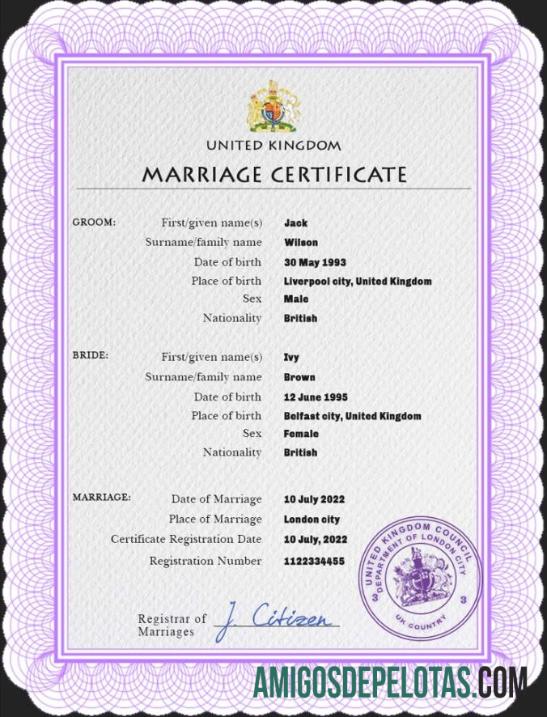 Realista modelo PSD de certidão de casamento no Reino Unido,